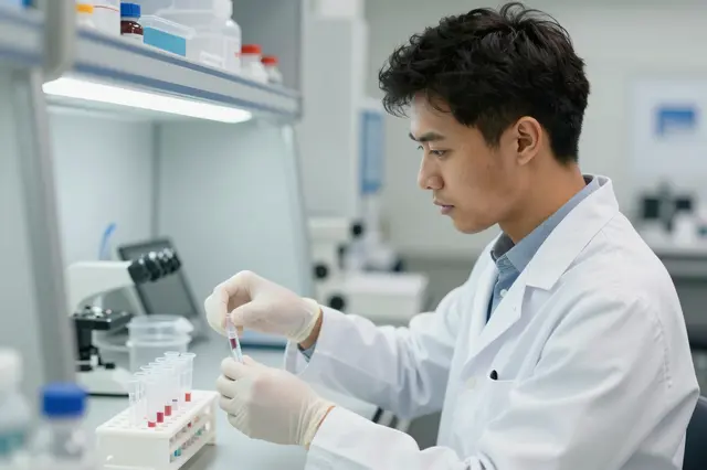 Young male lab worker in a white coat handles a test tube next to a sample rack at a laboratory bench.