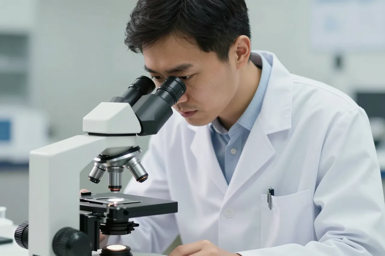 A male scientist in a white lab coat looks through a binocular microscope in a lab setting.