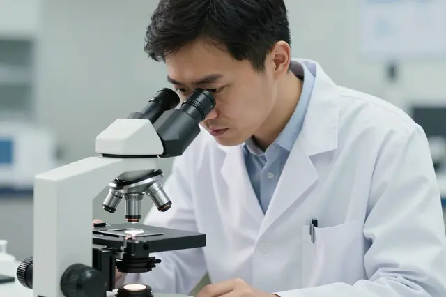A male scientist in a white lab coat looks through a binocular microscope in a lab setting.