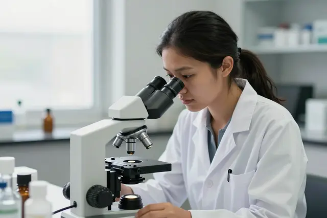 A female scientist in a lab coat looks through a compound microscope at a laboratory workbench.