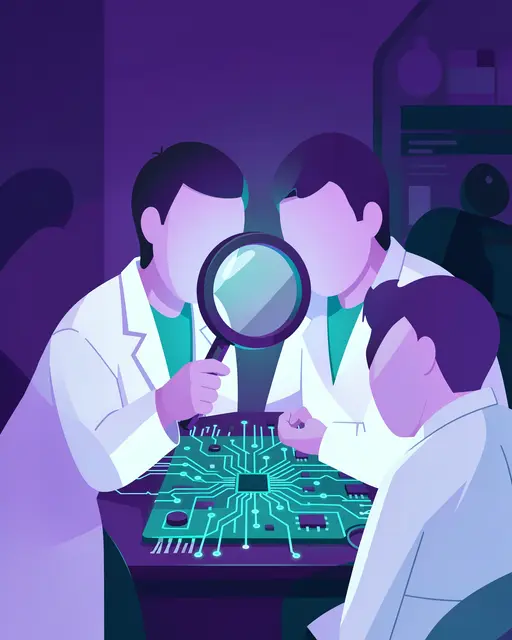 Faceless scientists in lab coats examine a glowing circuit board with a magnifying glass in a purple and teal lab