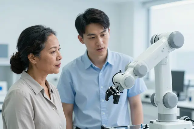 Two researchers examine a white robotic arm in a bright modern laboratory