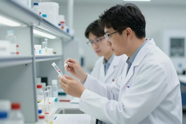 Two male scientists in lab coats examine a test tube together at a lab workbench.