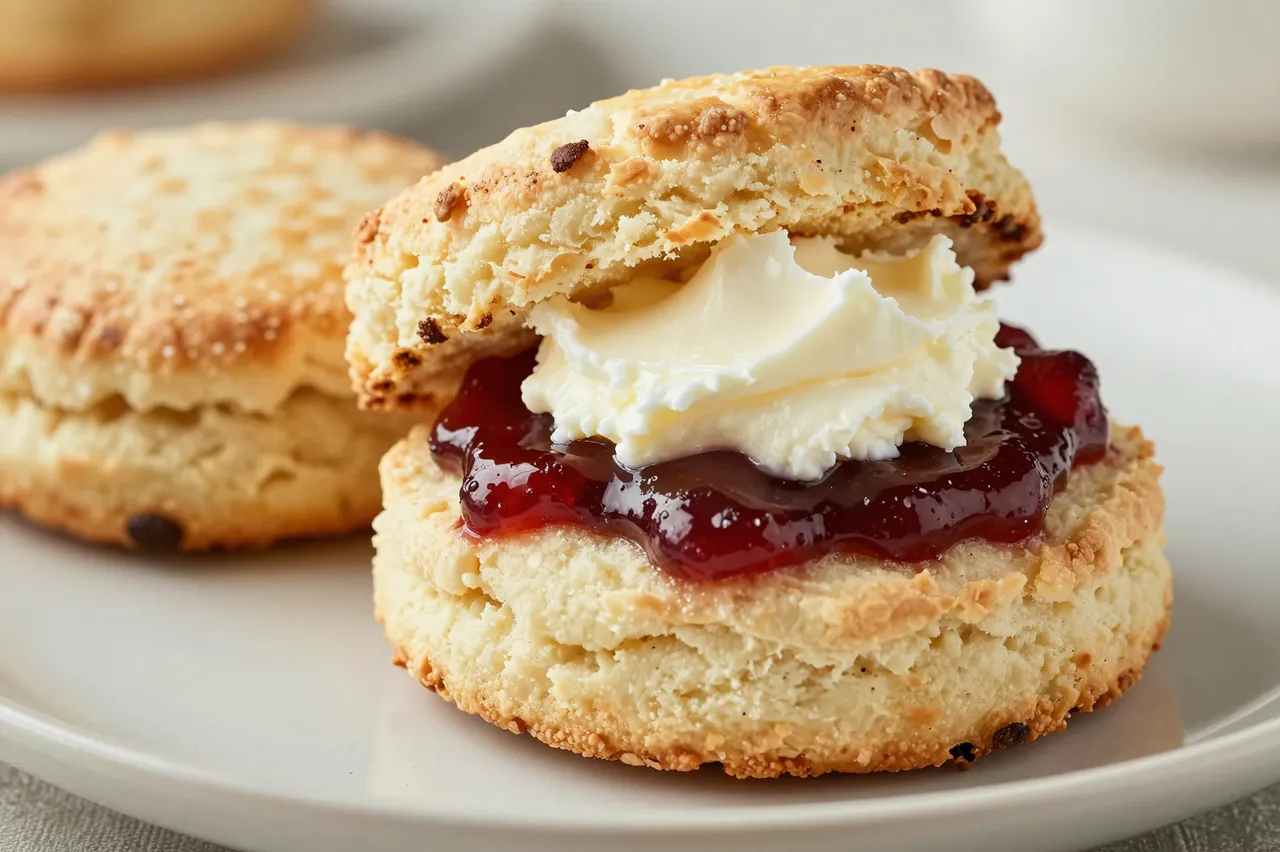 Close-up of freshly baked scones served with red fruit jam and thick clotted cream on a white plate