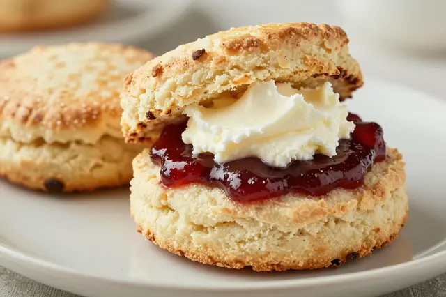 Close-up of freshly baked scones served with red fruit jam and thick clotted cream on a white plate