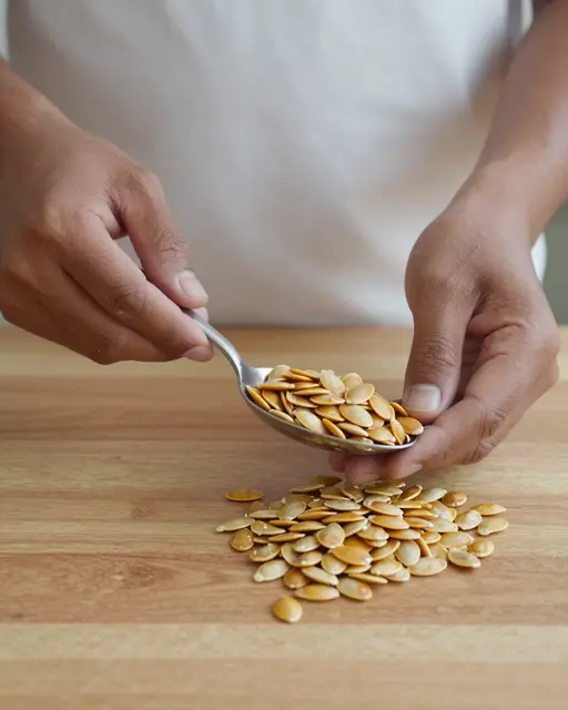 A person uses a metal spoon to scoop pumpkin seeds over a wooden table