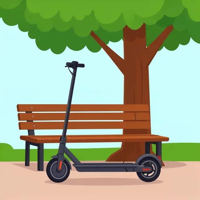 A parked electric kick scooter sits in front of a wooden park bench under a leafy green tree