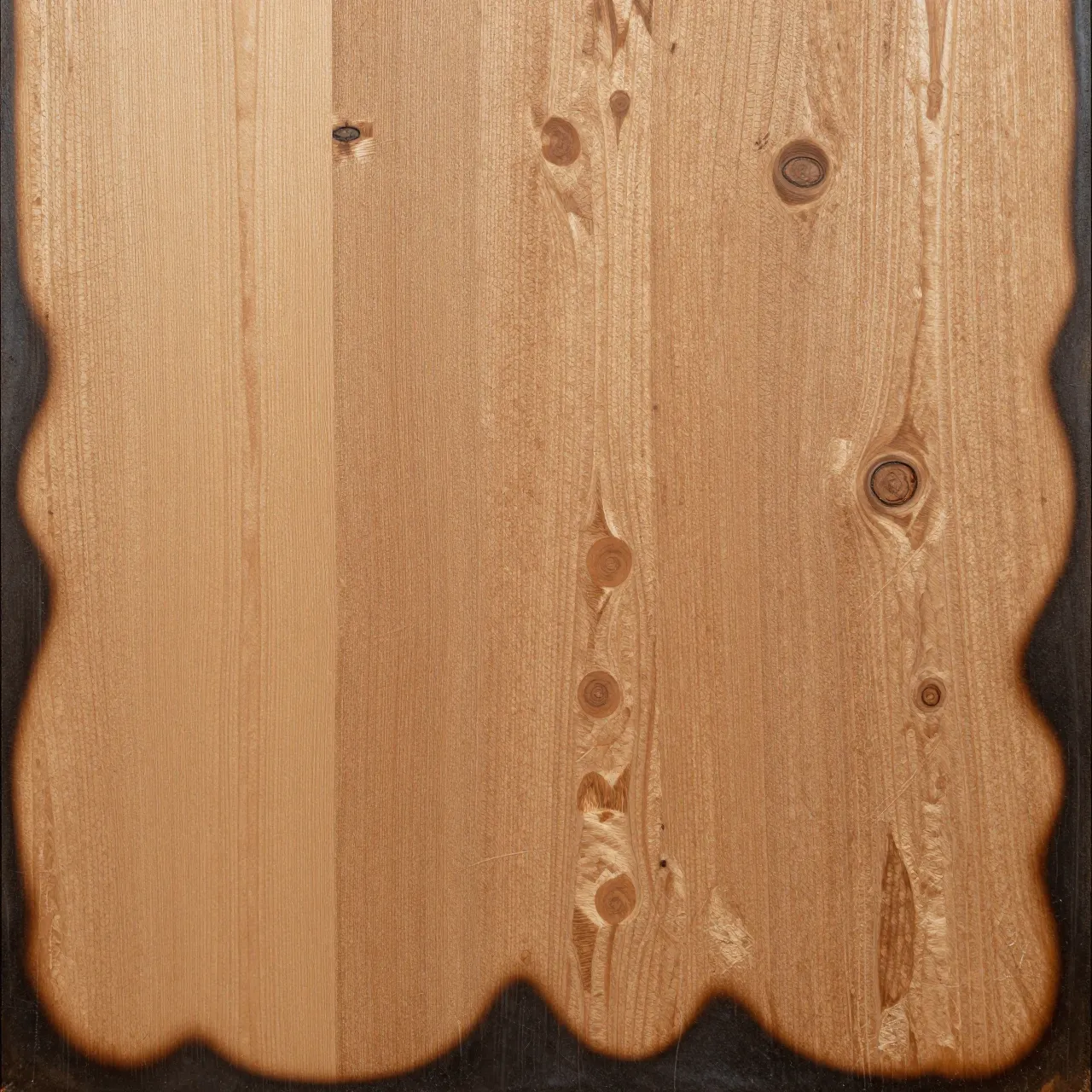 Full frame close-up of light plywood with dark burned wavy perimeter edges and natural wood knots