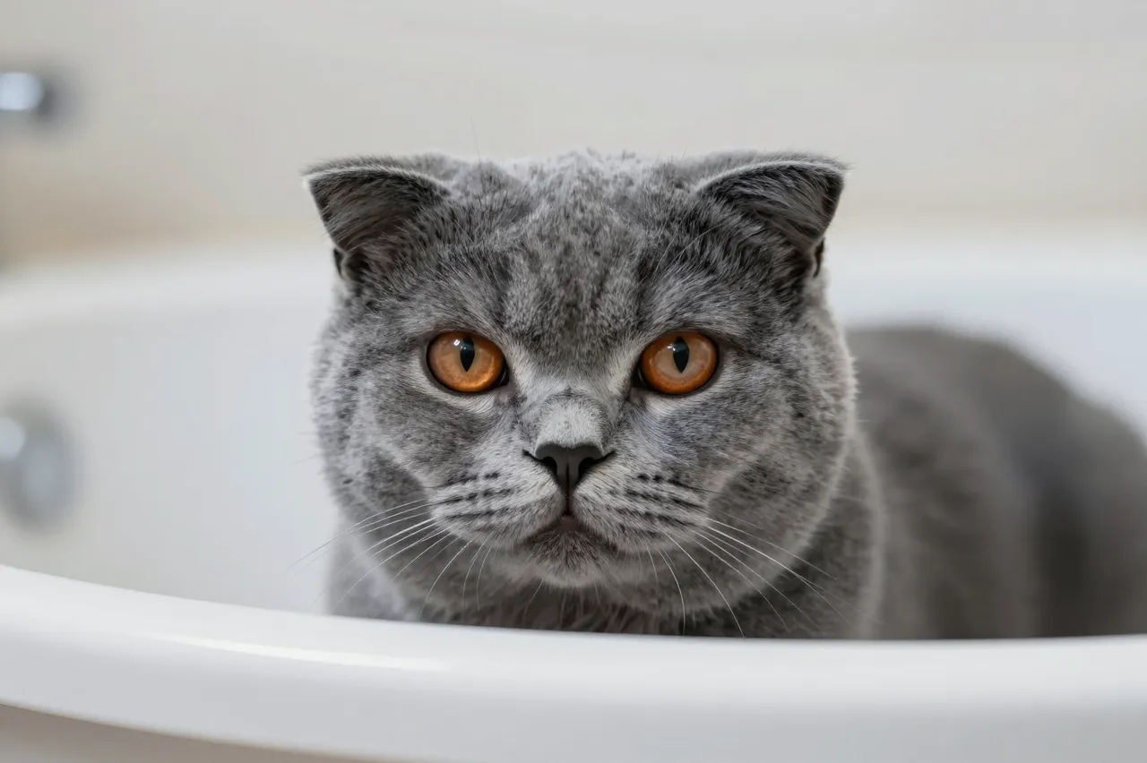 Gray Scottish Fold cat with copper eyes peers over the rim of a white bathtub facing the camera.