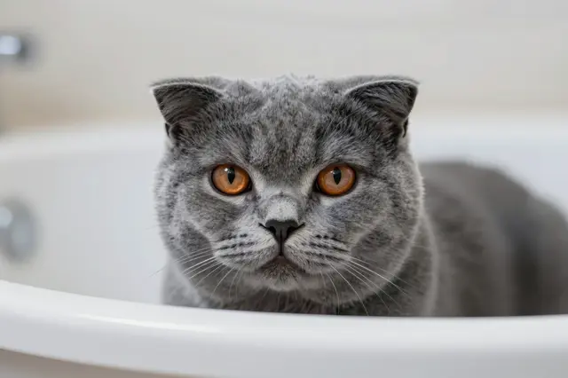 Gray Scottish Fold cat with copper eyes peers over the rim of a white bathtub facing the camera.