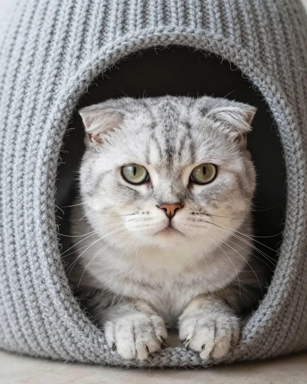 Silver tabby Scottish Fold cat peeks out calmly from a grey knitted cat cave