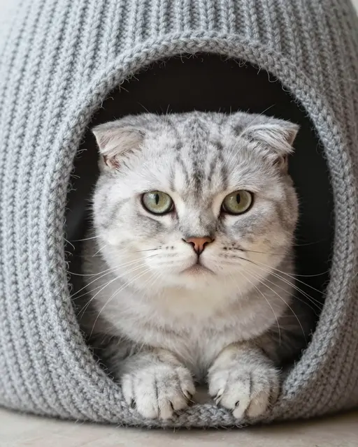 Silver tabby Scottish Fold cat peeks out calmly from a grey knitted cat cave