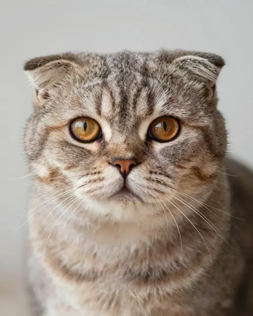 Close-up portrait of a tabby Scottish Fold cat gazing directly at the camera with round golden eyes