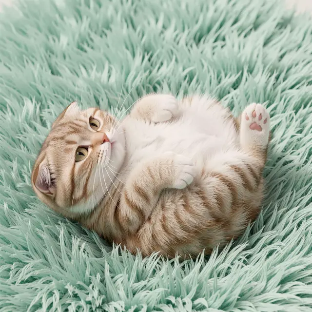 Cute Scottish Fold kitten lies on its back on a fluffy mint shag rug with paws raised playfully.