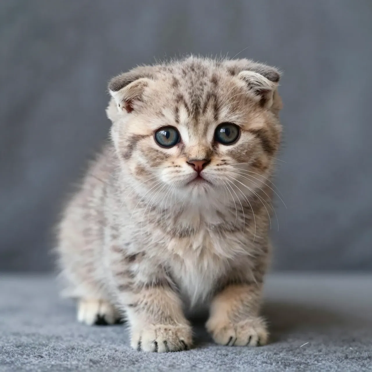 A fluffy tabby Scottish fold kitten sits facing the camera on soft gray fabric