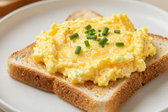 Creamy soft scrambled eggs topped with chives sit on toasted bread on a white plate