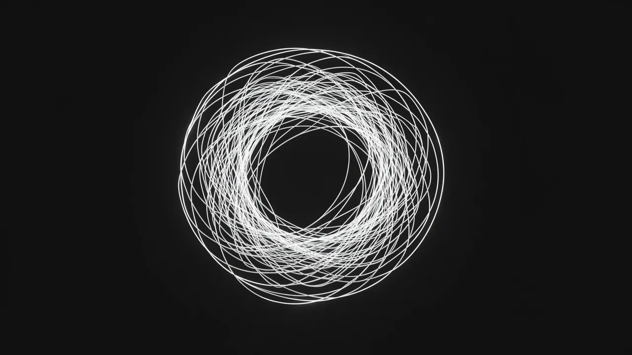 Tangled thin white scribble lines gradually form a rough circular ring against a solid black background