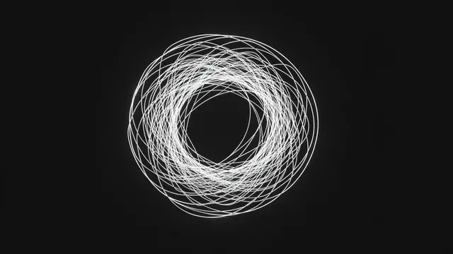 Tangled thin white scribble lines gradually form a rough circular ring against a solid black background