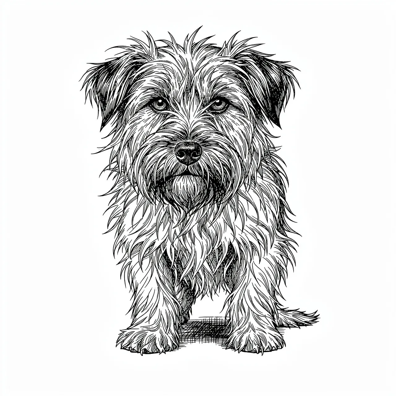 Detailed pen and ink illustration of a scruffy wiry-coated terrier sitting on a plain white background
