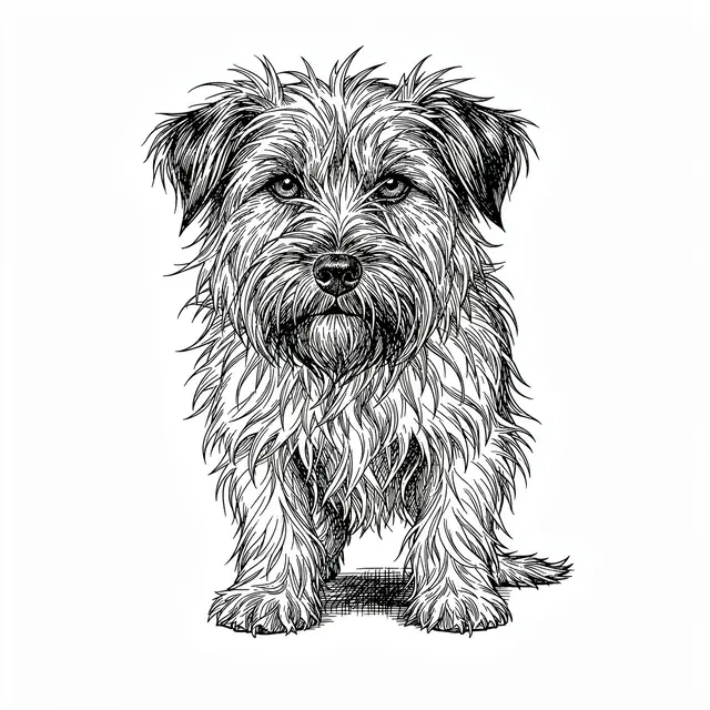 Detailed pen and ink illustration of a scruffy wiry-coated terrier sitting on a plain white background