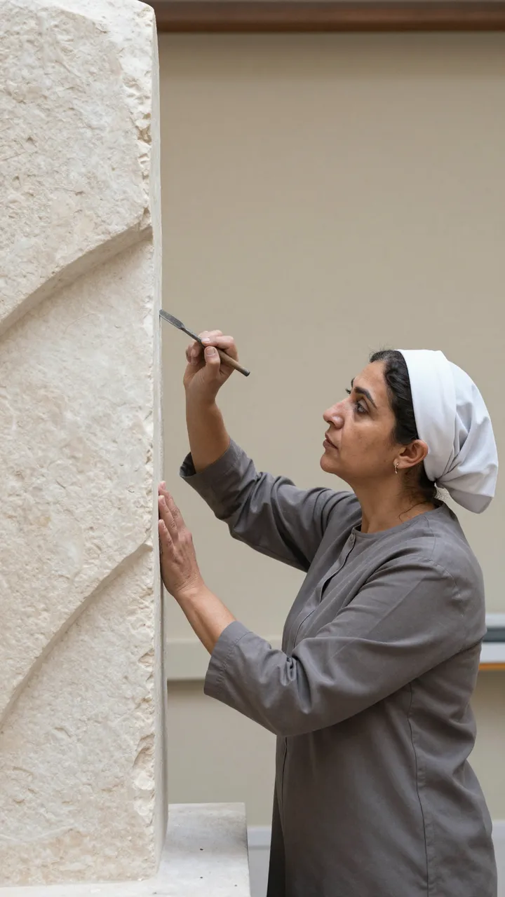 Middle Eastern sculptor in her thirties uses a chisel to carve a tall light stone sculpture in a studio