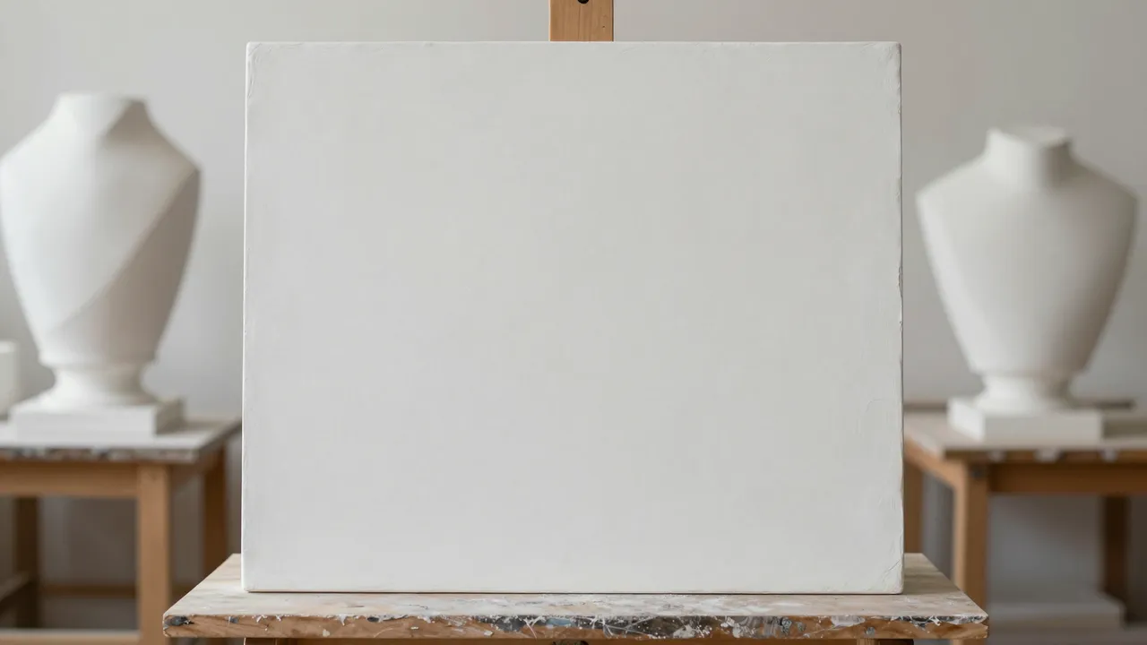 Blank canvas on a paint-splattered easel flanked by plaster sculpture busts in a bright studio