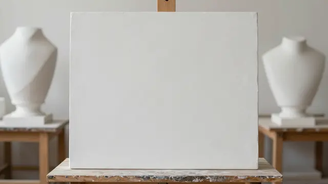 Blank canvas on a paint-splattered easel flanked by plaster sculpture busts in a bright studio