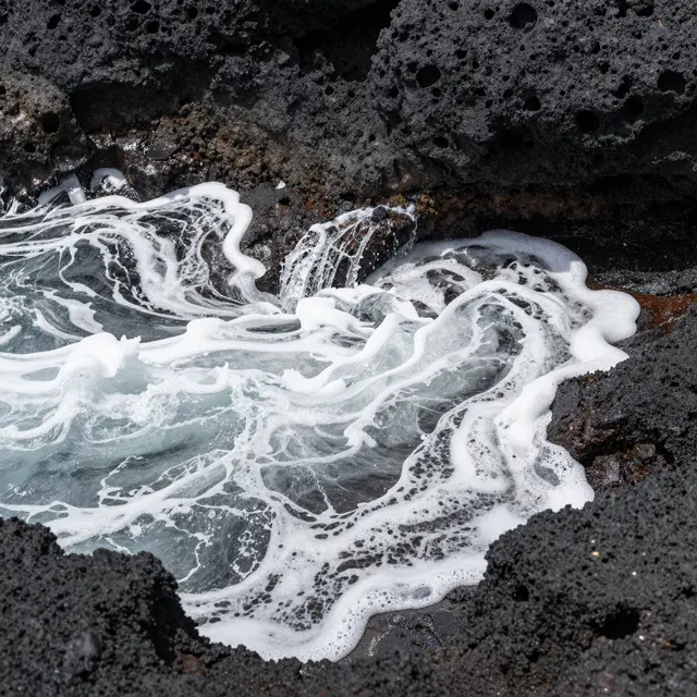 Top view of swirling white sea foam spreading across dark porous volcanic rock.