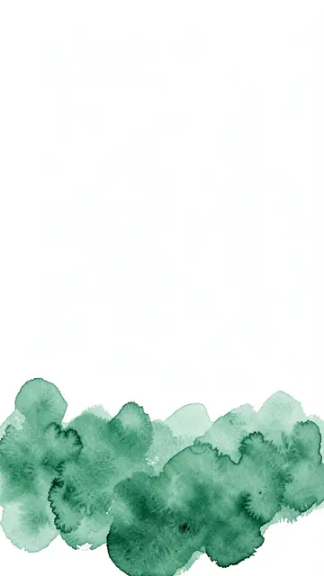 Soft sea green watercolor paint blots pool along the bottom of a blank white vertical frame with empty upper space.