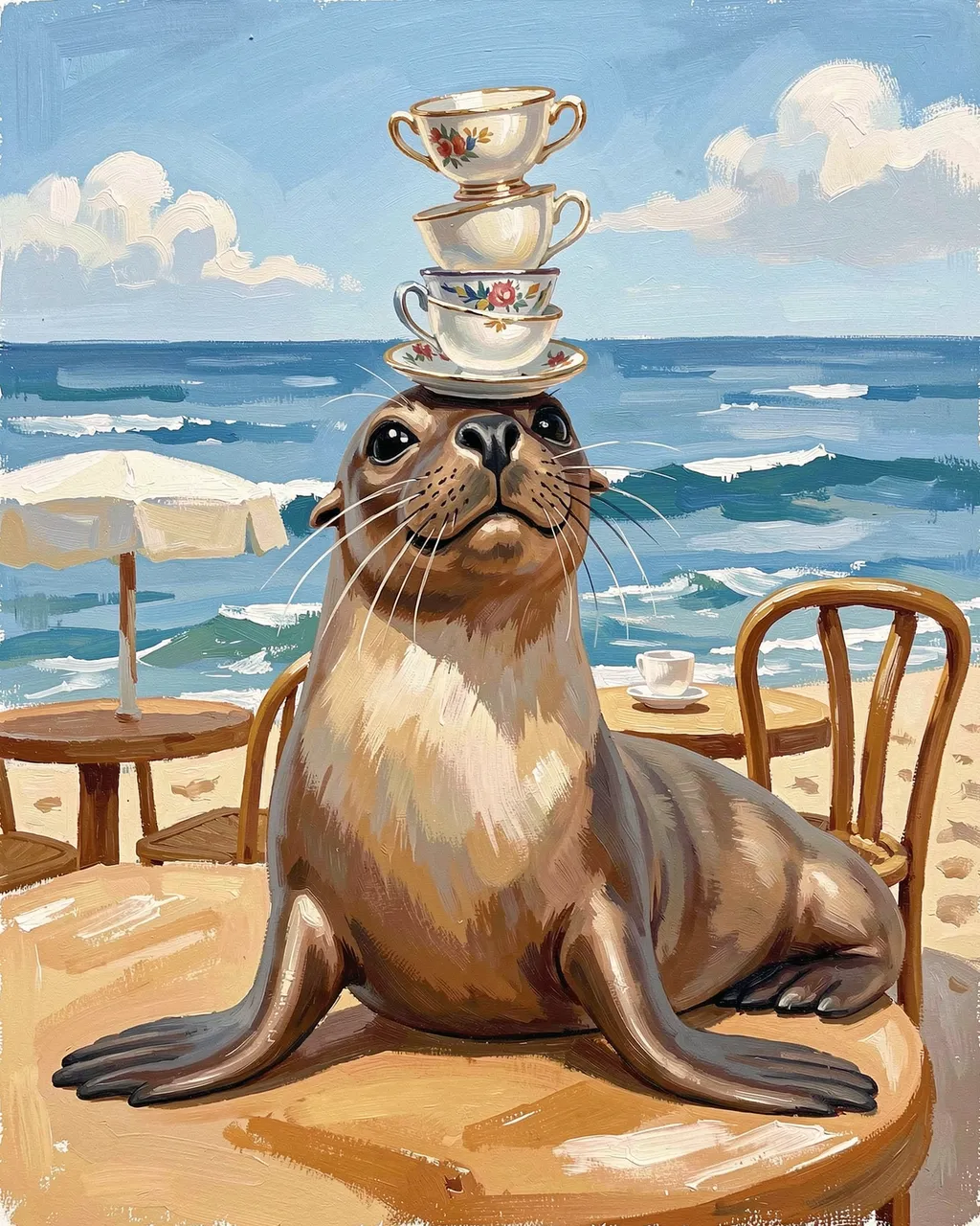 Gouache painting of a cute sea lion balancing a stack of teacups on its nose at a seaside beach cafe
