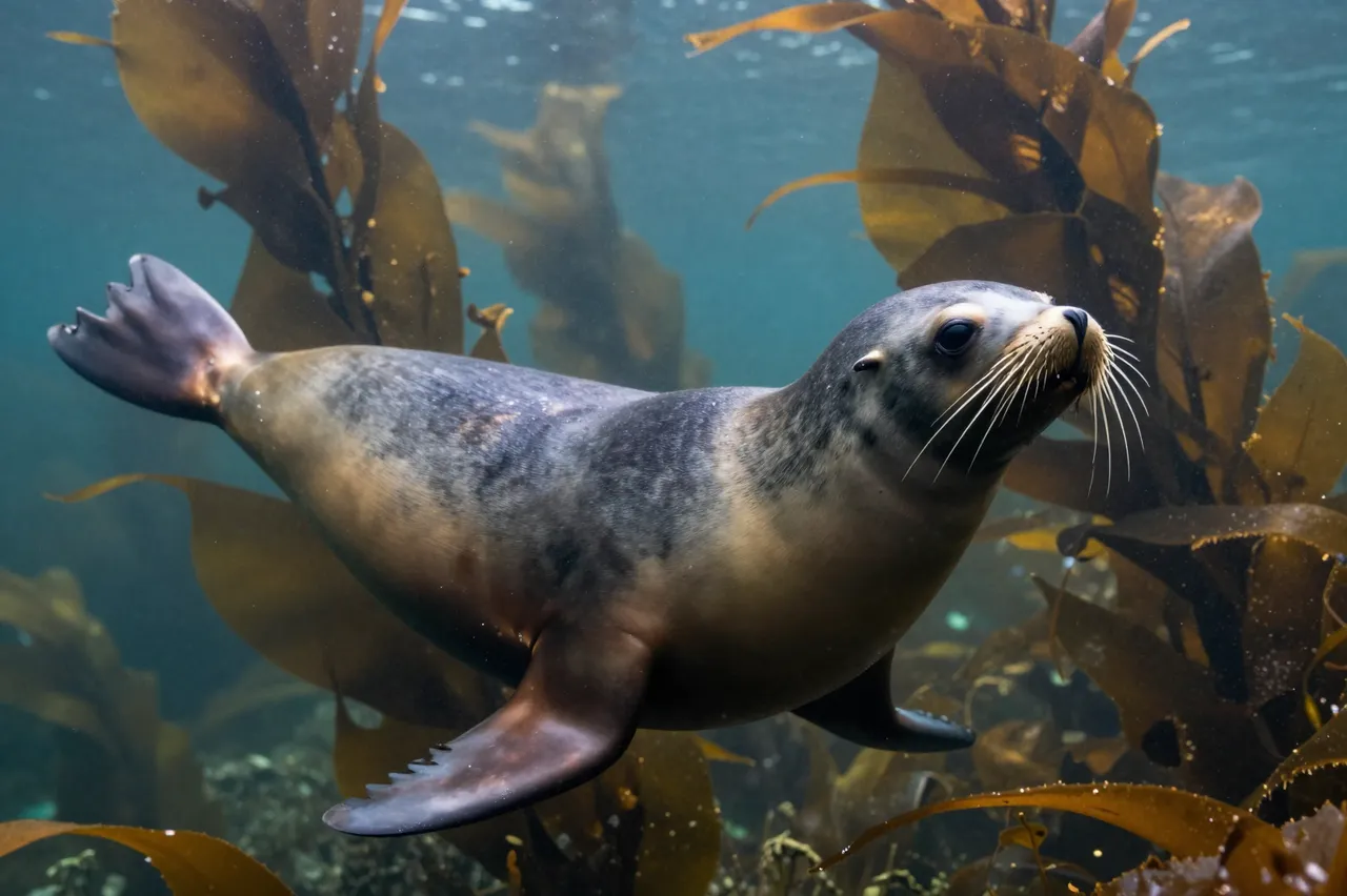 A sea lion swims gracefully through sun-dappled underwater kelp forest vegetation