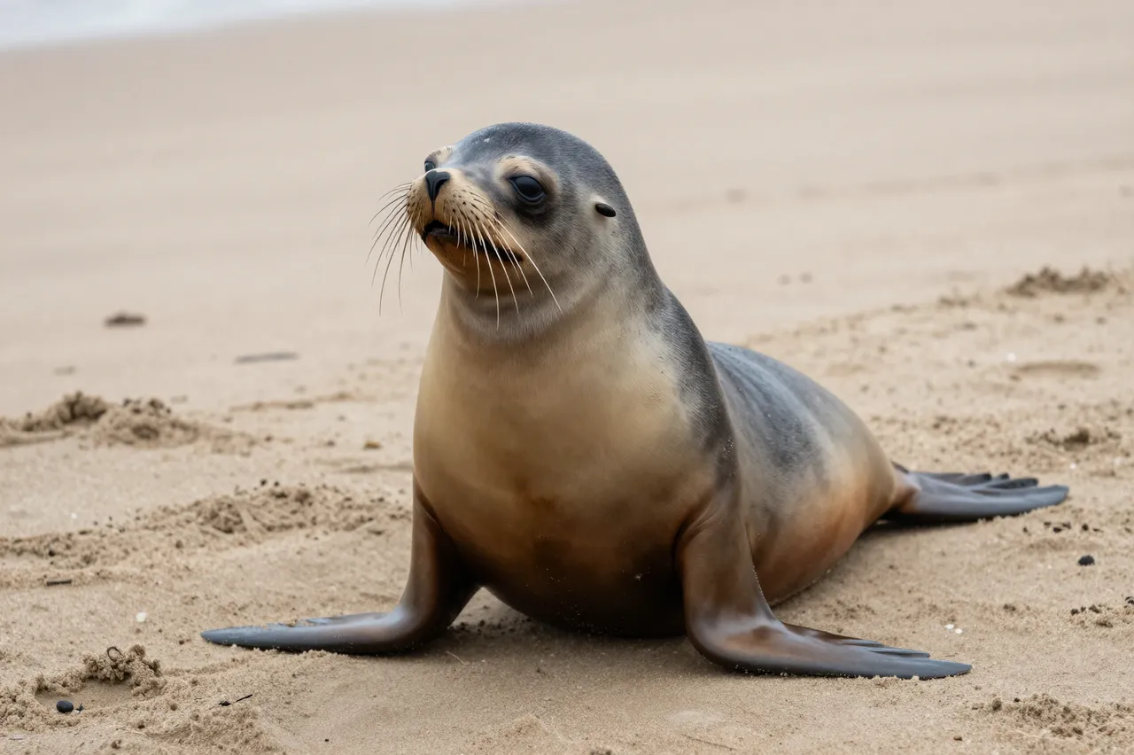 A young sea lion pup rests upright on a light tan sandy beach, looking toward the viewer.