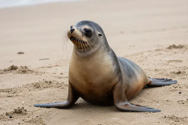 A young sea lion pup rests upright on a light tan sandy beach, looking toward the viewer.