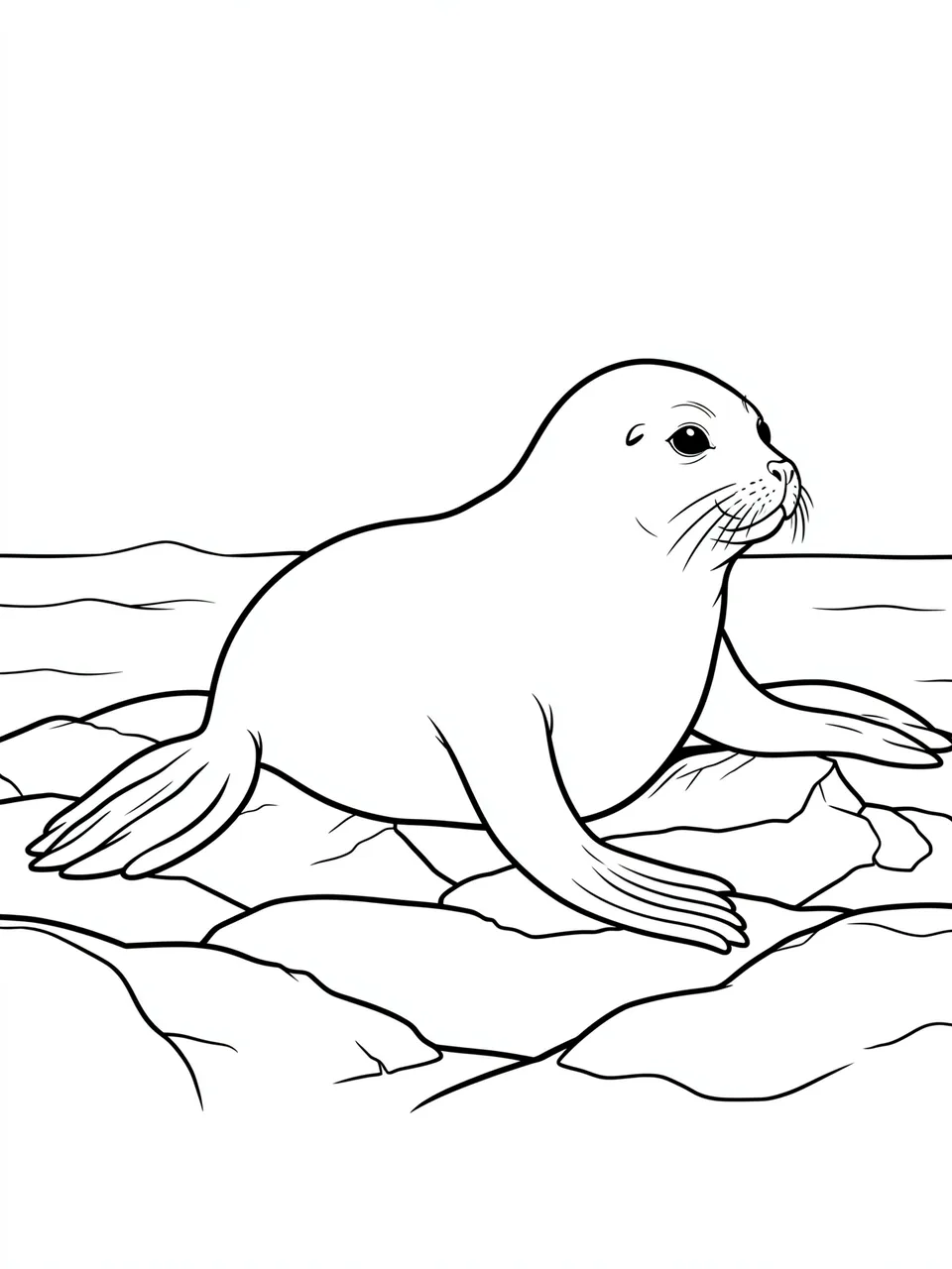 Black and white line art of a sea lion resting on a rocky shore next to calm water