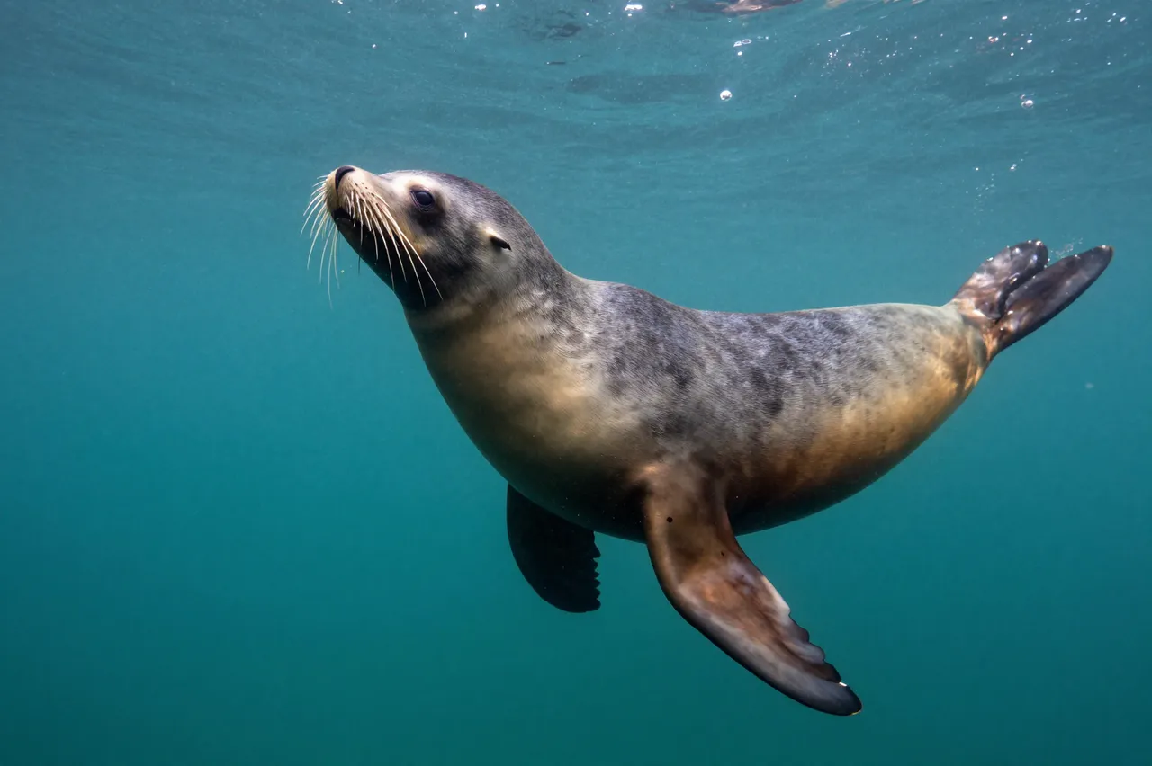 A sea lion glides through clear turquoise ocean water just below the surface.