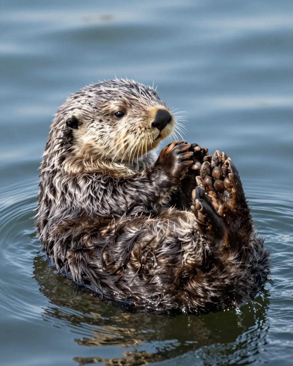 A fluffy wet sea otter floats on its back in calm blue rippled water holding its paws up