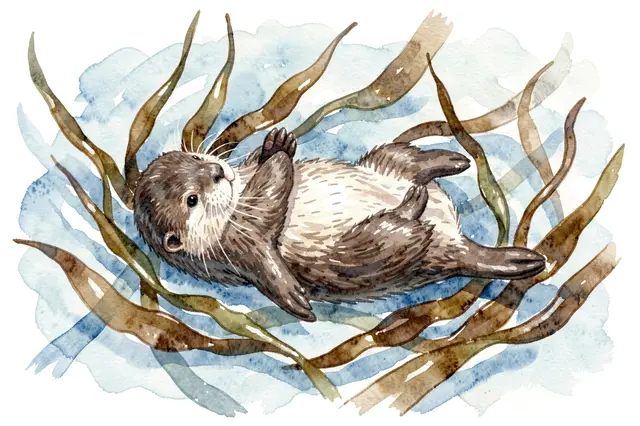Watercolor painting of a sea otter floating on its back surrounded by kelp fronds and soft blue water washes