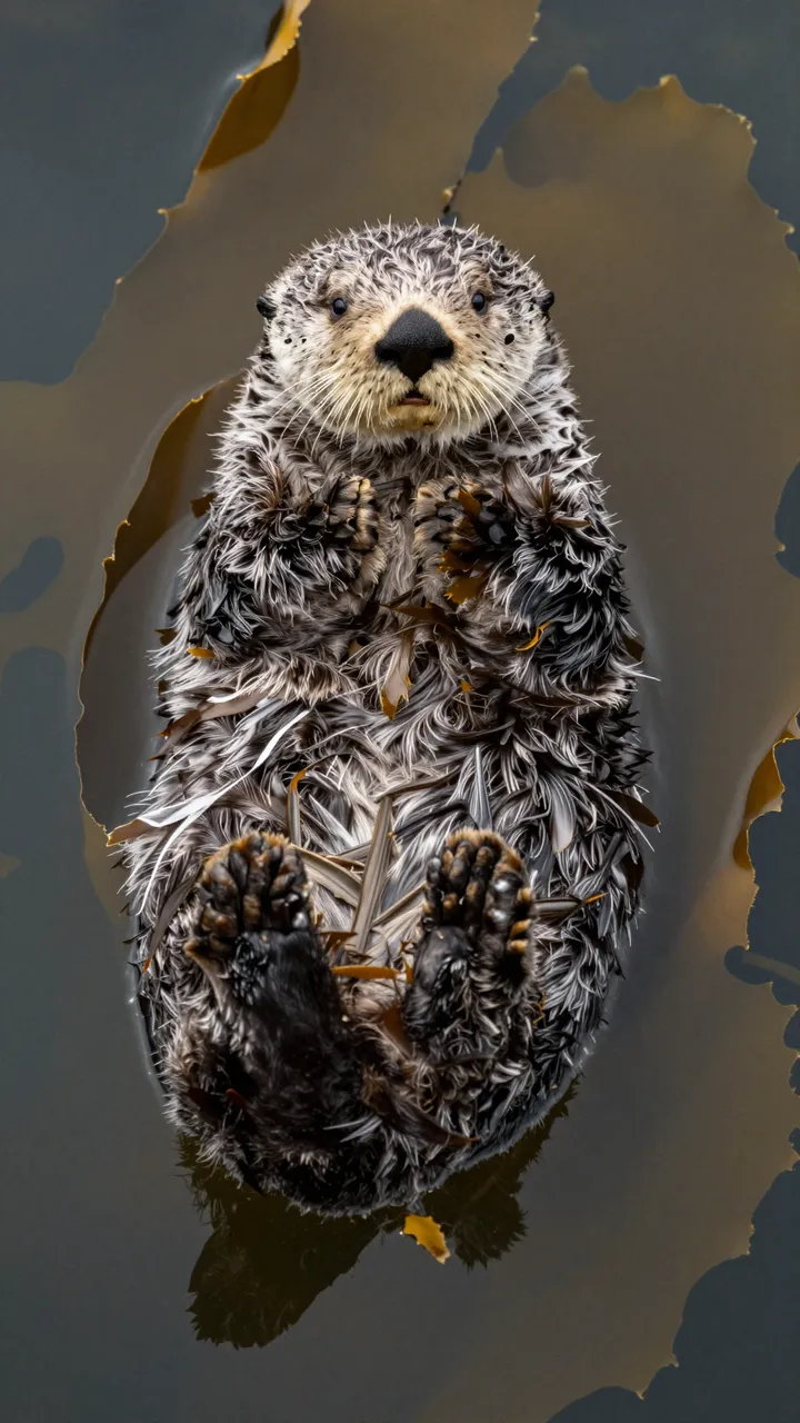 A sea otter floats on its back in calm water surrounded by golden kelp fronds.
