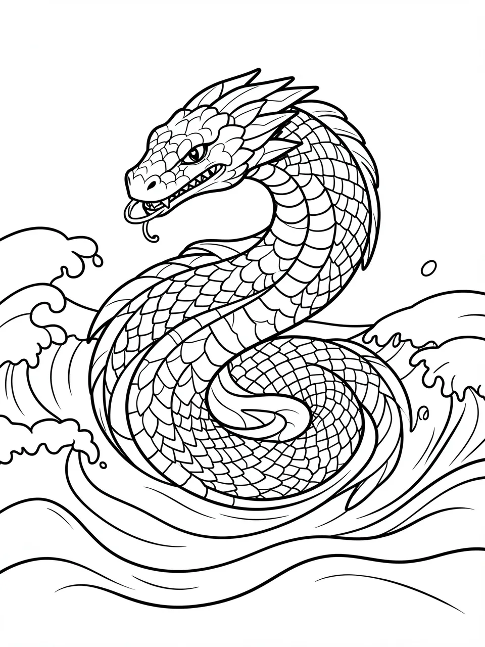 Black and white clean line art of a scaled sea serpent coiled through curling ocean waves on a plain white background