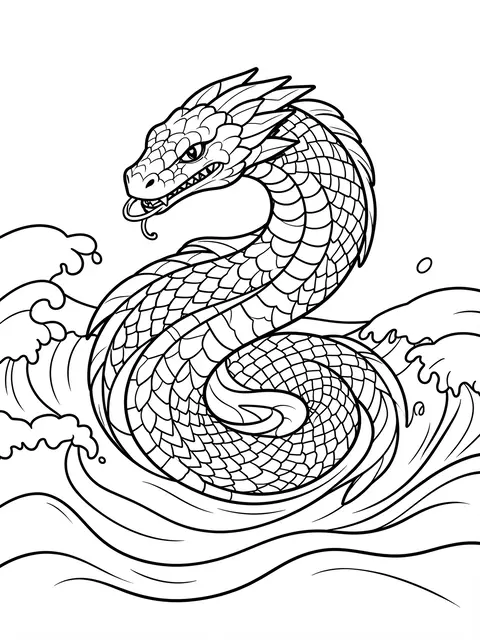 Black and white clean line art of a scaled sea serpent coiled through curling ocean waves on a plain white background