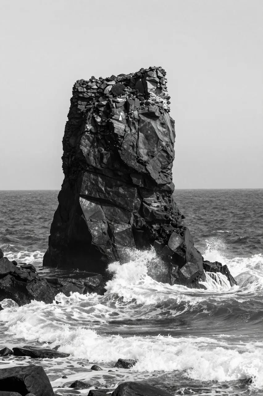 Black and white view of a tall sea stack with waves crashing against its rocky base