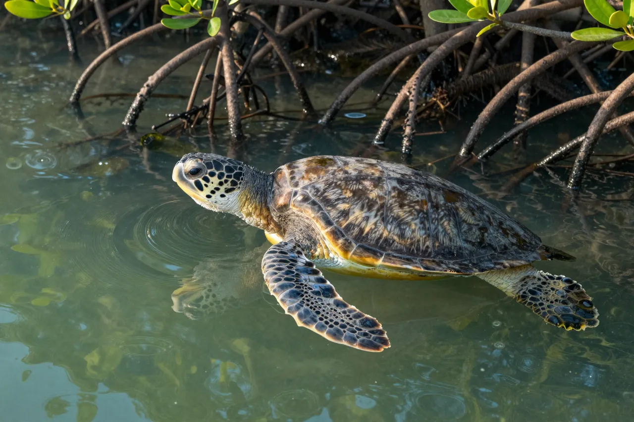 A sea turtle surfaces in shallow green water beside tangled mangrove roots under soft morning light