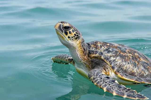 A sea turtle lifts its head above calm turquoise ocean water to breathe, with small water droplets on its face and flippers.