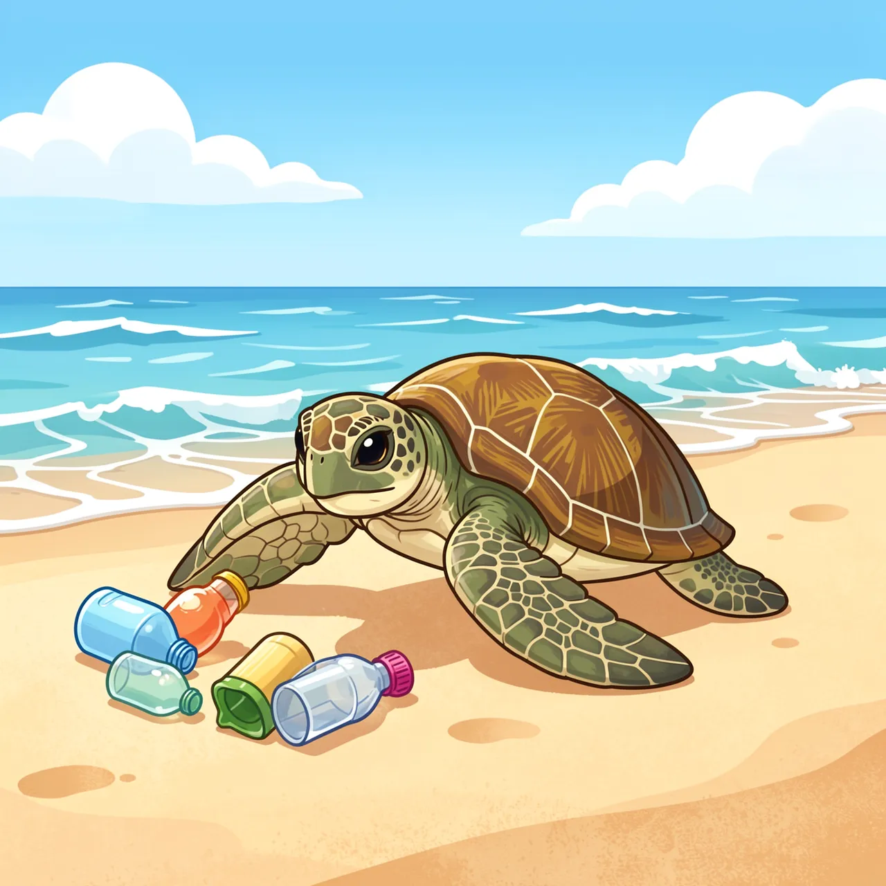 Cute illustrated sea turtle on a sandy beach next to plastic litter, with gentle ocean waves behind it