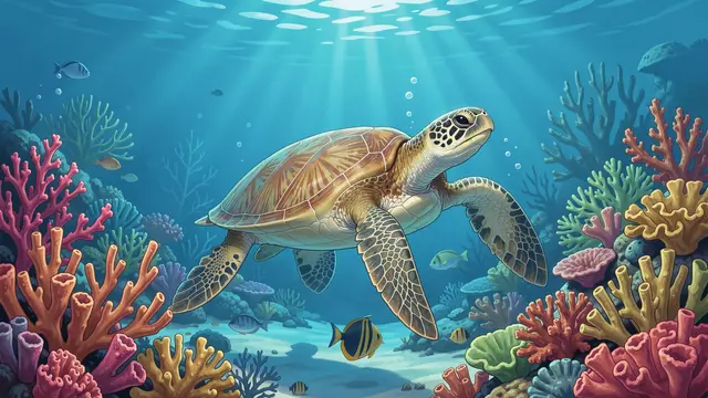 A sea turtle swims above a sunlit colorful coral reef in clear blue ocean water