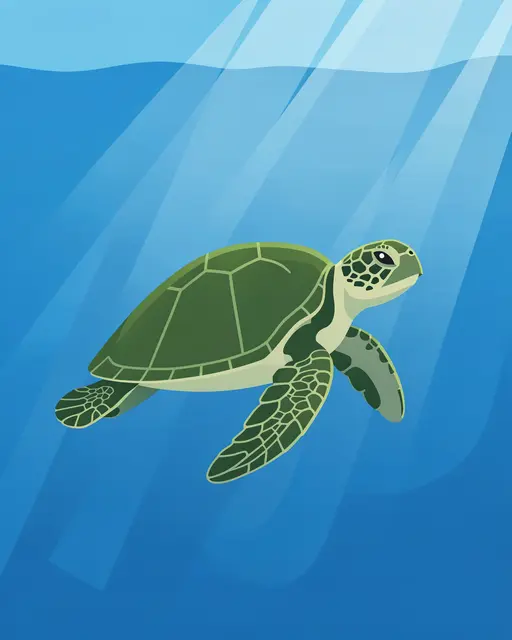 Flat vector illustration of a green sea turtle swimming through sunlit blue ocean water