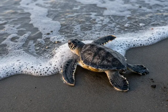 A sea turtle hatchling rests on dark wet beach sand as thin wave foam reaches it in soft dawn light