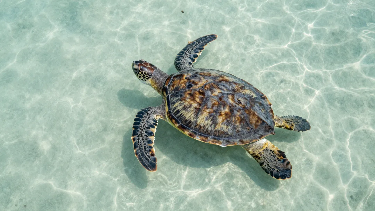 An aerial view of a sea turtle swimming slowly over pale sand in clear shallow turquoise coastal water.
