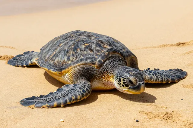 A green sea turtle rests on smooth golden sand on a sunny beach