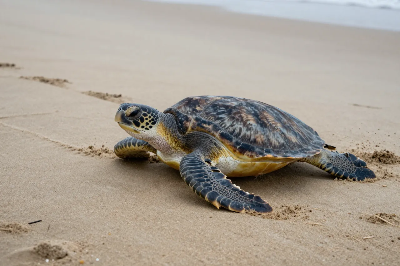 A sea turtle crawls across a sandy beach leaving distinct flipper tracks behind it